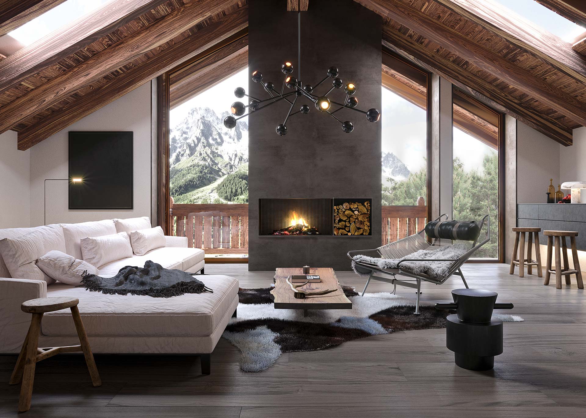 soggiorno con camino chalet courmayeur